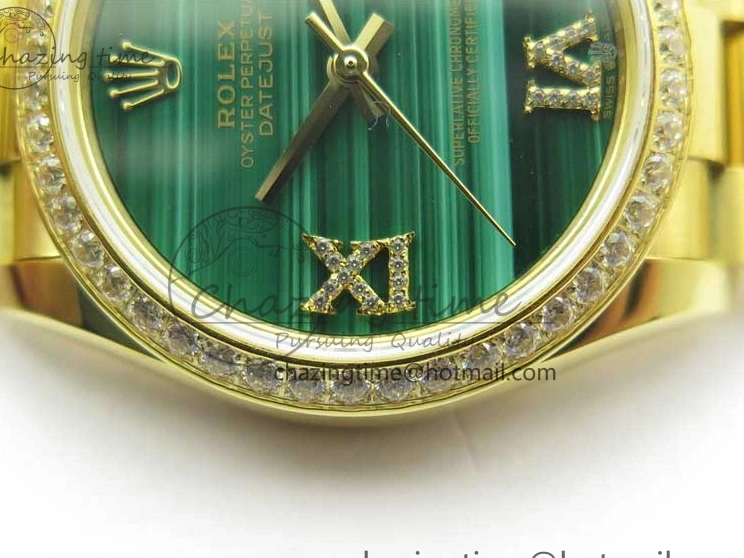 MiroTime 0305 Versatile Daydate 278288 31mm YG EWF Best Edition Green Malachite Dial Crystal Markers on YG President Bracelet ETA 2606